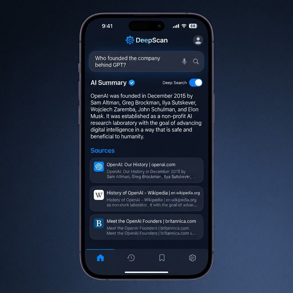 DeepScan app showing an AI-generated answer with cited sources